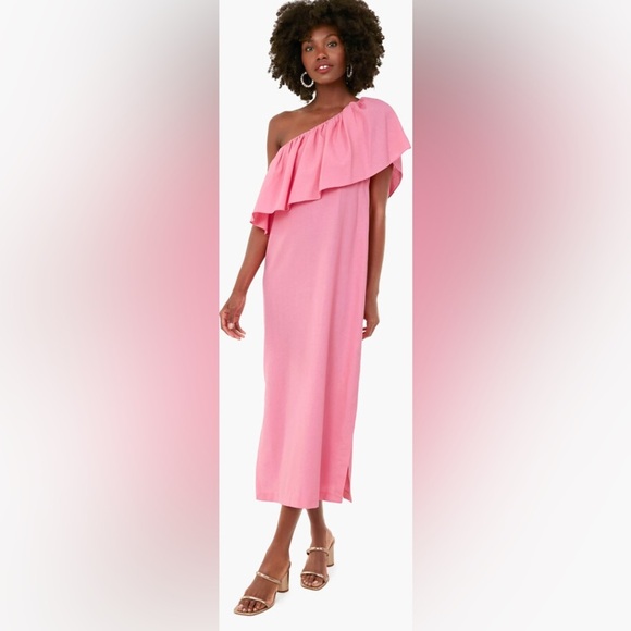 Pomander Place Tuckernuck Flamingo Pink Florencia One Shoulder Dress Ruffle - Picture 1 of 6